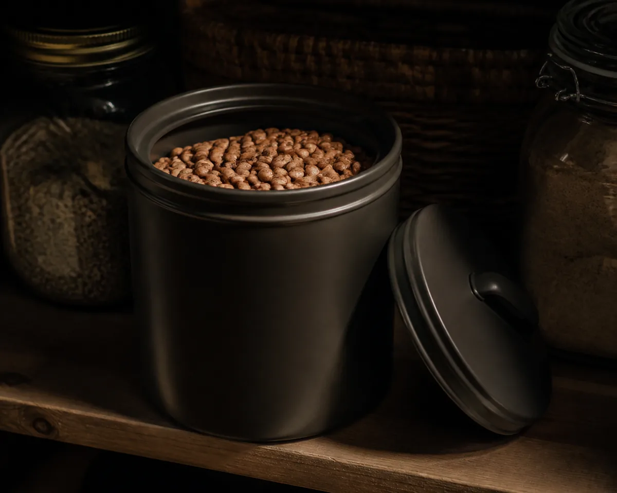 An opaque airtight canister with the lid resting beside it, beans visible inside, in a dim pantry