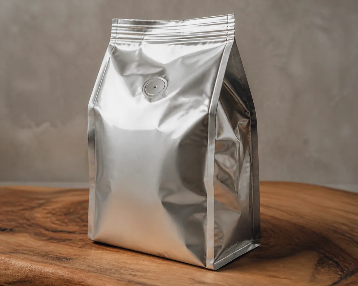 A folded foil coffee bag with a one-way degassing valve visible on the front, resting on a wooden board