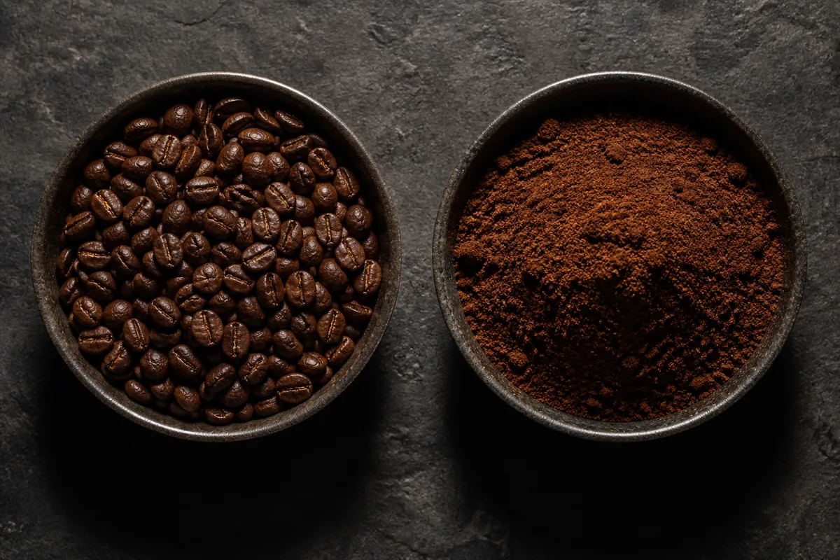 Whole coffee beans in one shallow bowl and ground coffee in another, side by side on a dark stone counter