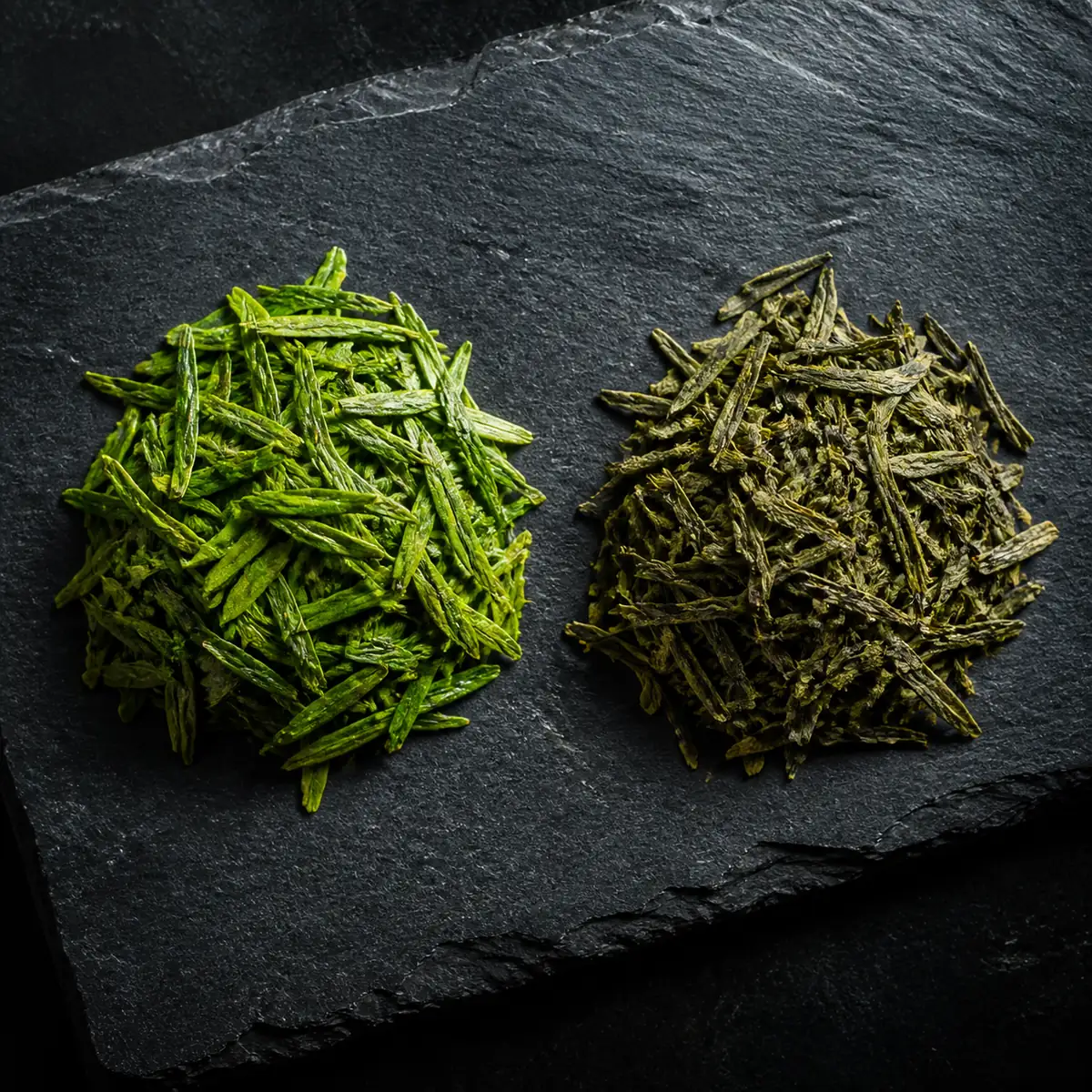 Two small heaps of green tea leaf on a slate tile, one vivid and glossy and one dull and faded brown-green