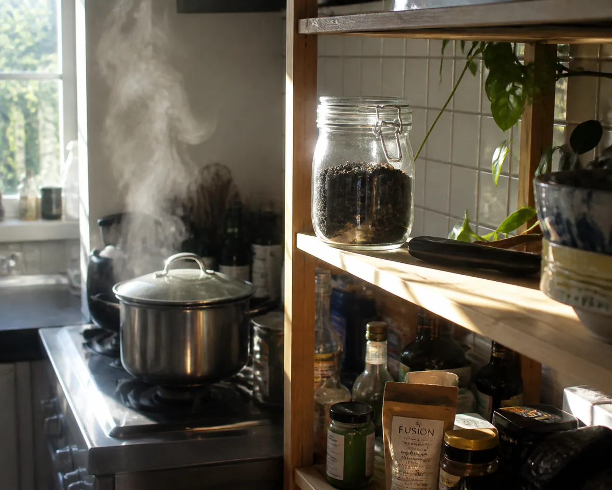 A kitchen shelf beside a cooker with a glass jar of tea sitting in direct sunlight, steam rising nearby, showing a bad storage spot
