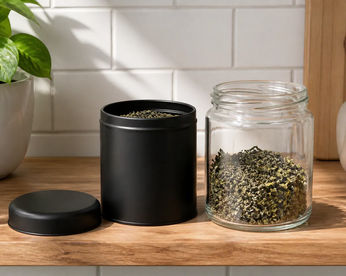 A plain unmarked matte black tin with its lid off beside a clear unmarked glass jar of the same green tea on a kitchen shelf