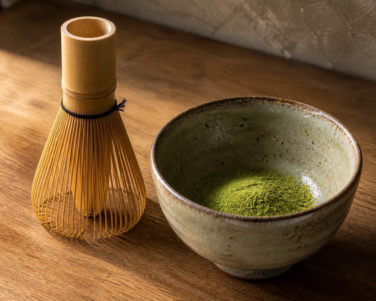 A bamboo chasen whisk standing upright on its tines beside a ceramic matcha bowl with sifted powder in it