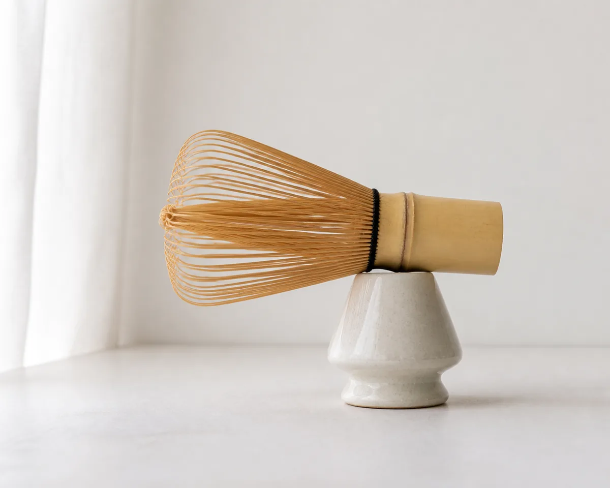 A bamboo chasen resting on a ceramic whisk holder to dry, tines curving outward