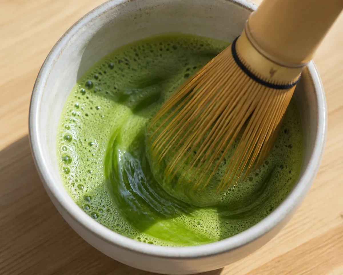 A bamboo whisk in a bowl of matcha mid-whisk, foam forming at the surface, motion visible in the liquid