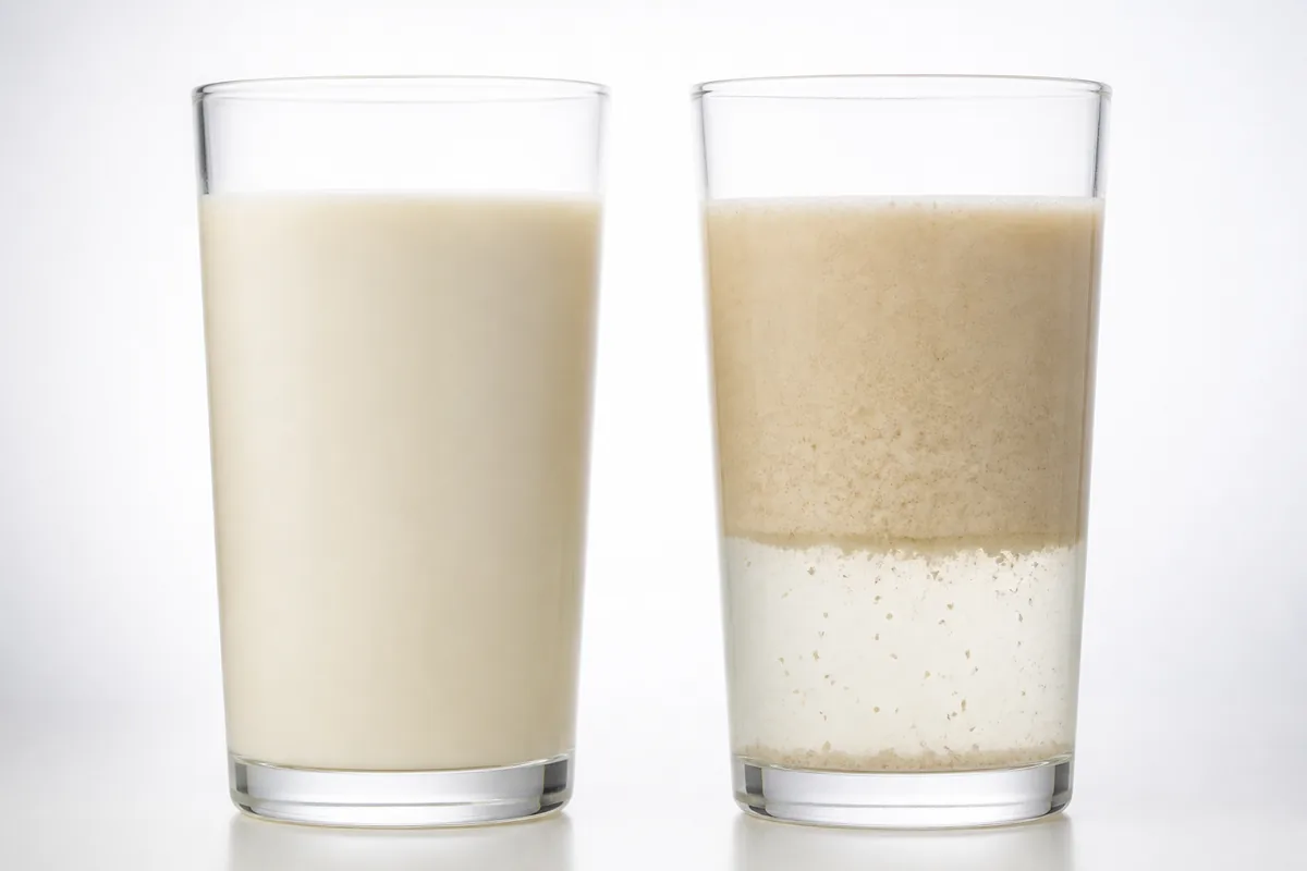 Two glasses of oat milk side by side, one smooth and opaque and one visibly separated with a watery layer at the base