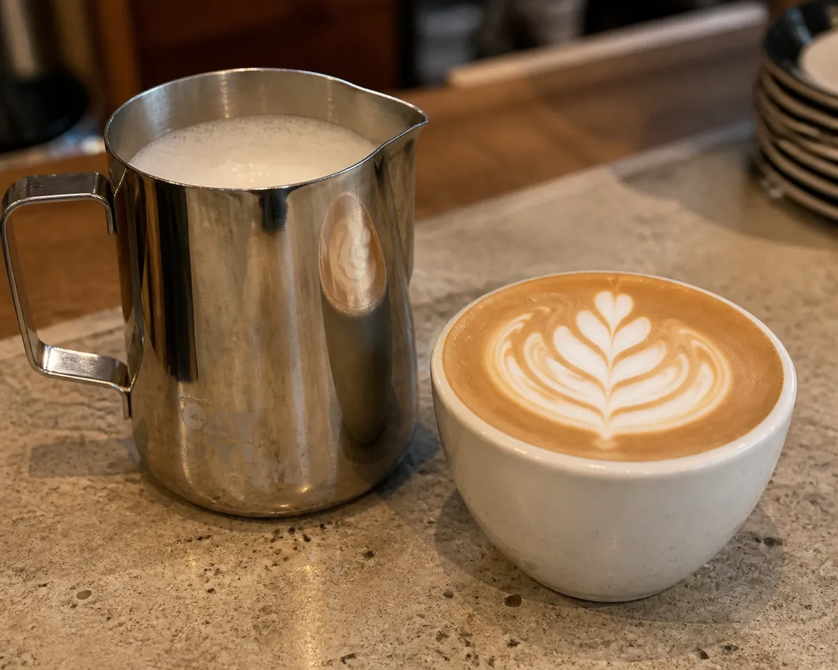 A steel jug of steamed oat milk resting on a counter beside a cup of espresso with microfoam poured into it