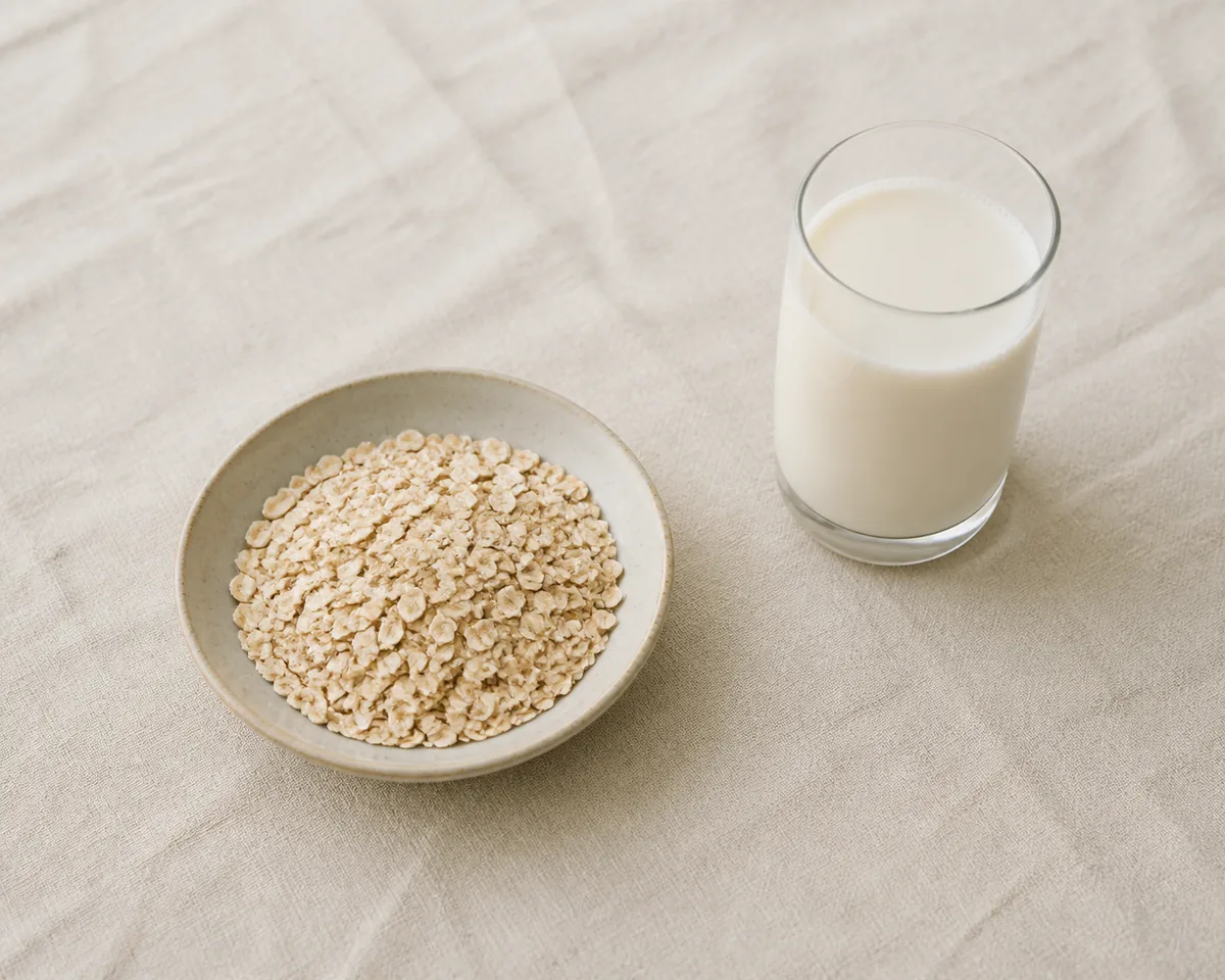 Rolled oats in a shallow dish beside a glass of finished oat milk on a linen surface