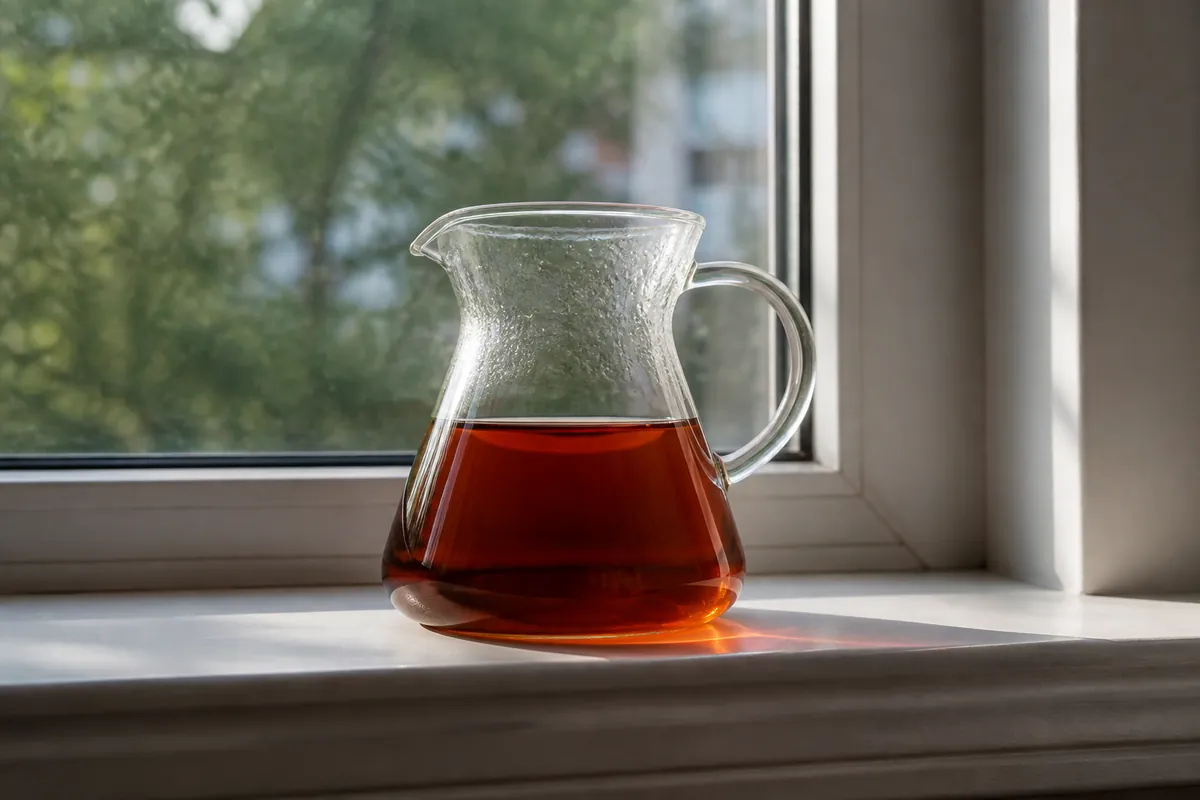 A glass carafe of pour-over coffee standing on a windowsill with daylight passing through the liquid, clear enough to see light through it