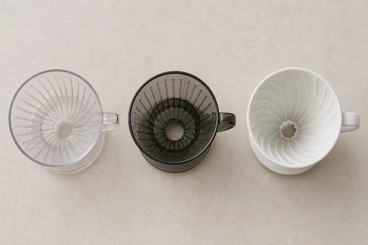 Three empty pour-over drippers side by side on a pale counter: a steep cone, a flat-bottomed basket and a wave-style dripper