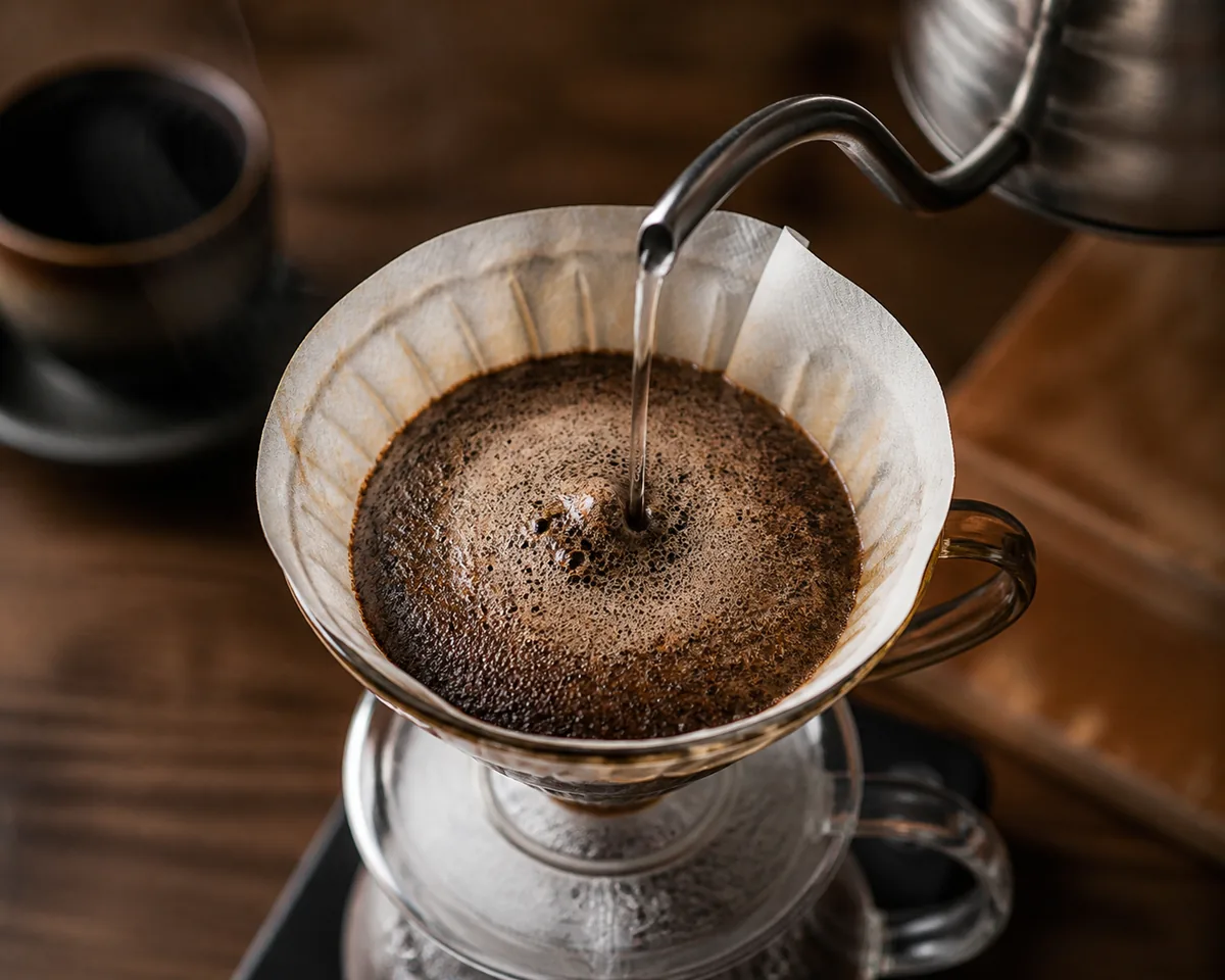 Water being poured in a slow spiral from a gooseneck kettle onto a coffee bed in a paper filter, the bed evenly wetted