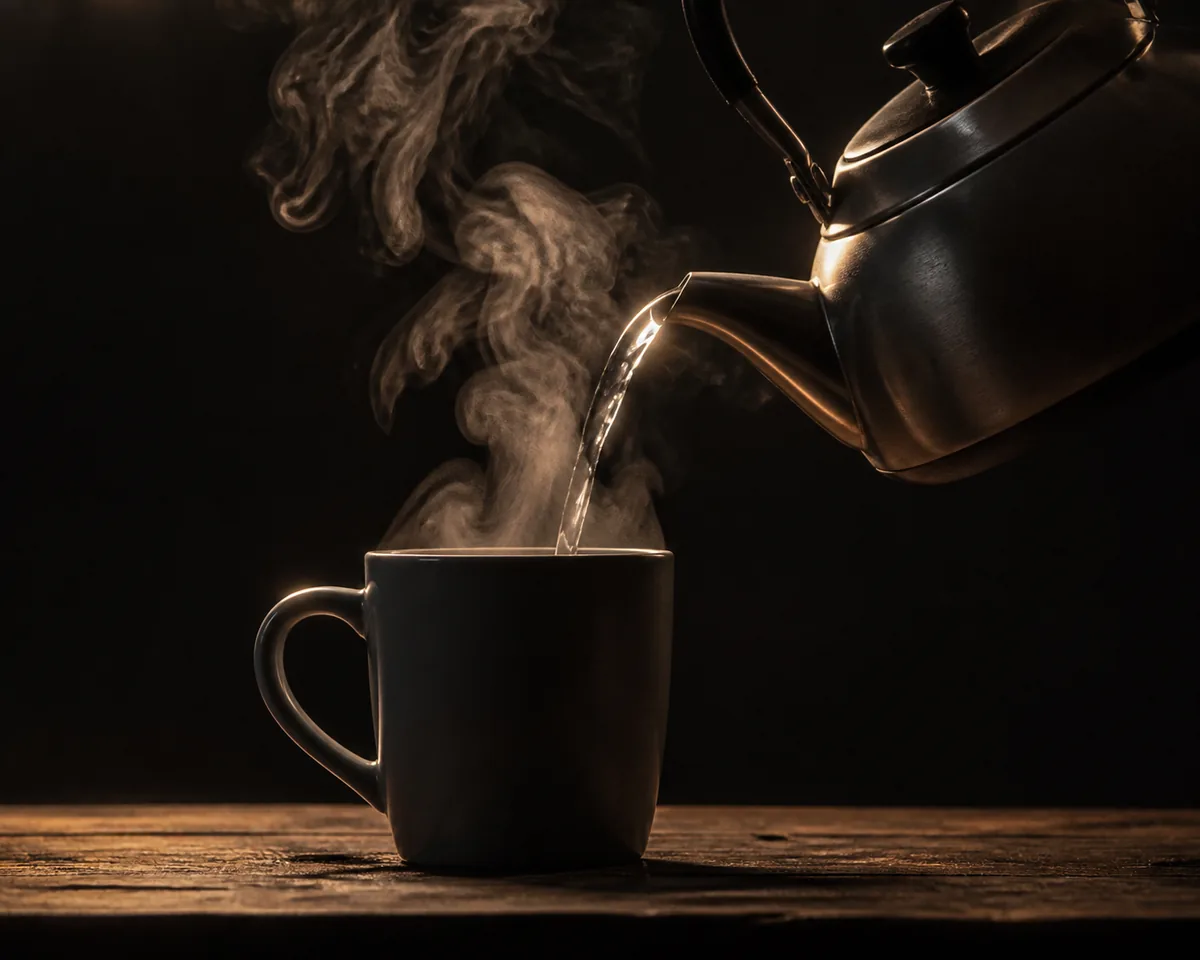 Hot water being poured from a plain kettle into an open mug to cool, steam curling upward against a dark background