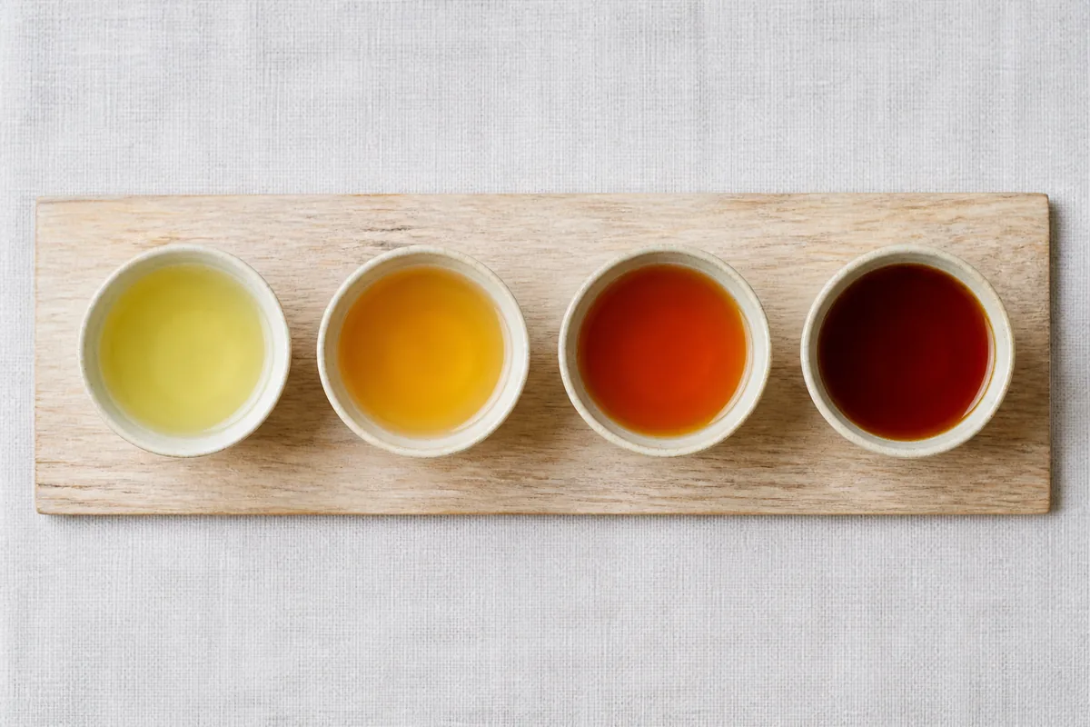 Four small ceramic cups of brewed tea side by side, from pale green through amber to deep red-brown, arranged on a long pale board
