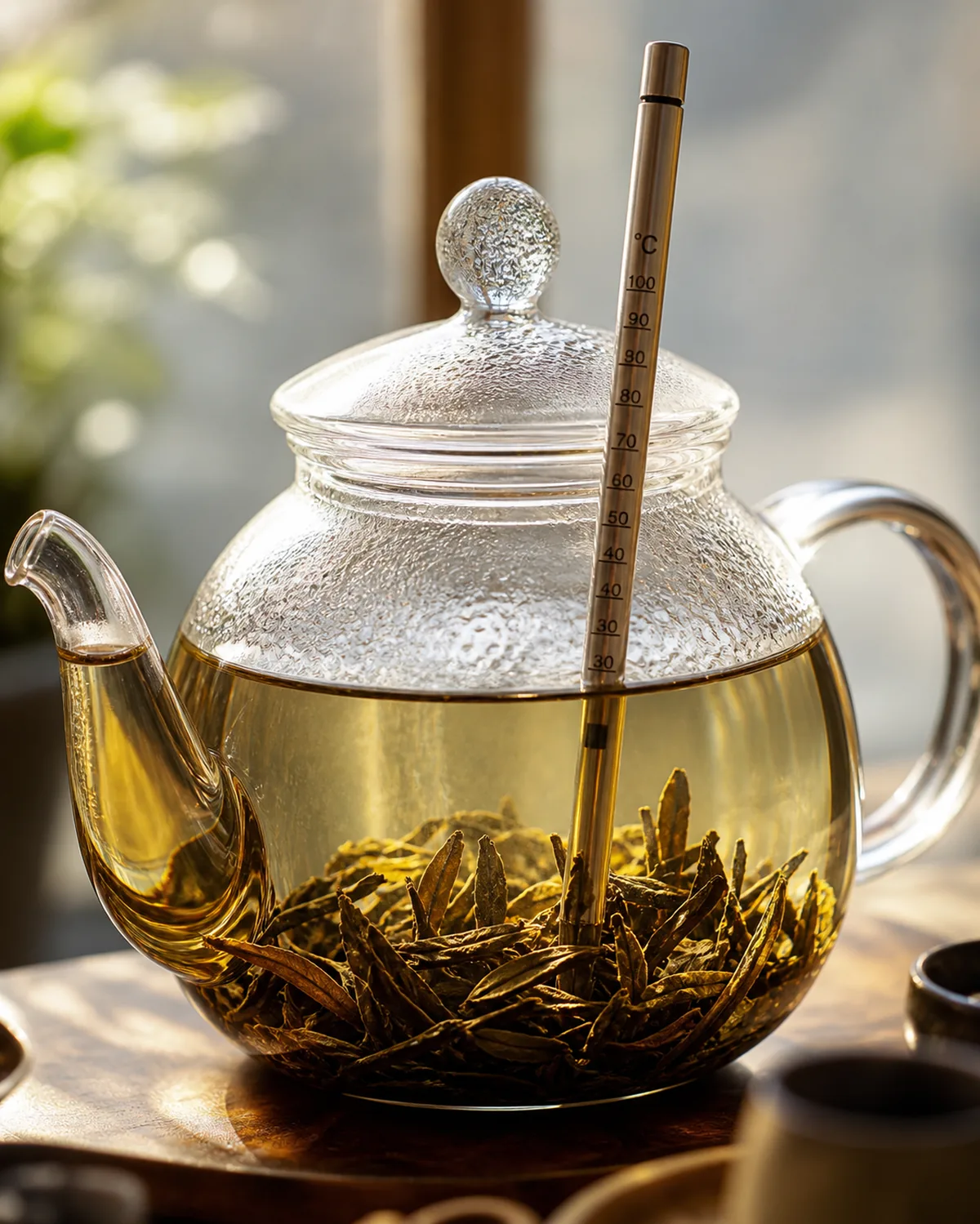 A slim kitchen thermometer standing in a glass teapot of hot water with loose leaf settling at the bottom