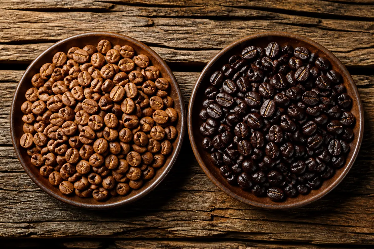 Whole roasted coffee beans of two different roast levels in two shallow dishes, medium-light beside dark, on weathered wood