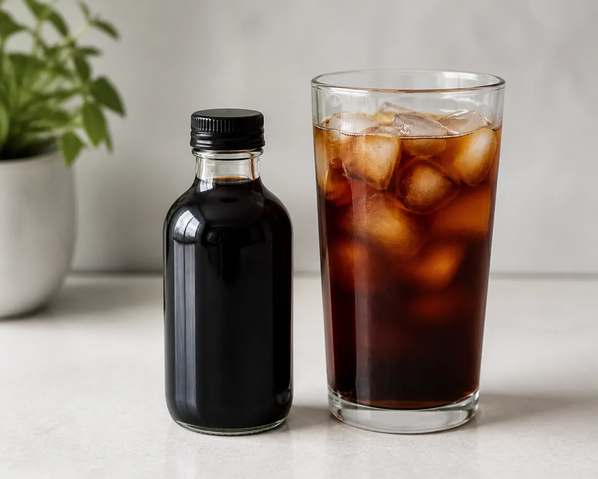 A small plain dark glass bottle of cold brew concentrate beside a tall glass of the same coffee diluted with water and ice