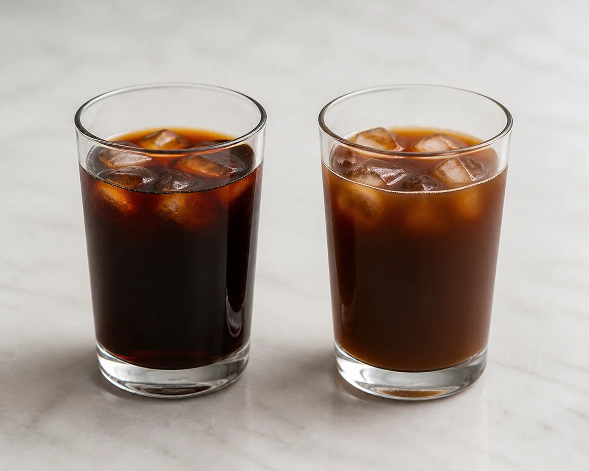 Two identical glasses of black coffee, one cold brew and one hot-brewed iced coffee, differing in clarity and depth of colour