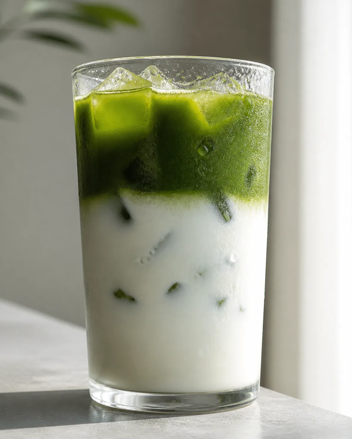 A tall glass of matcha latte with the green tea sitting in a distinct layer over white milk before stirring