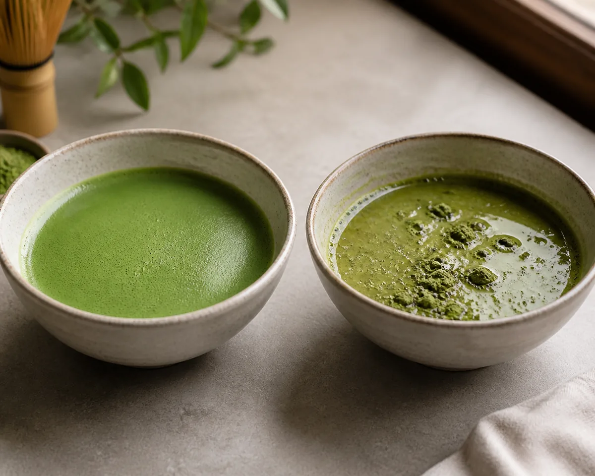 Two bowls of prepared matcha side by side, one bright jade and smooth, one dull olive with visible clumps