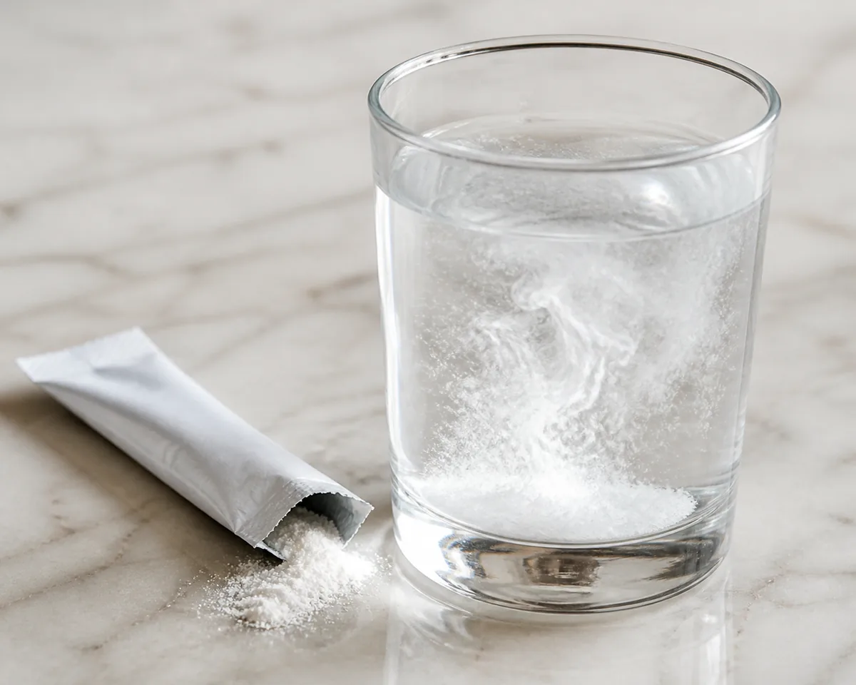 An unbranded sachet of electrolyte powder torn open beside a glass of water with the powder dissolving in swirls