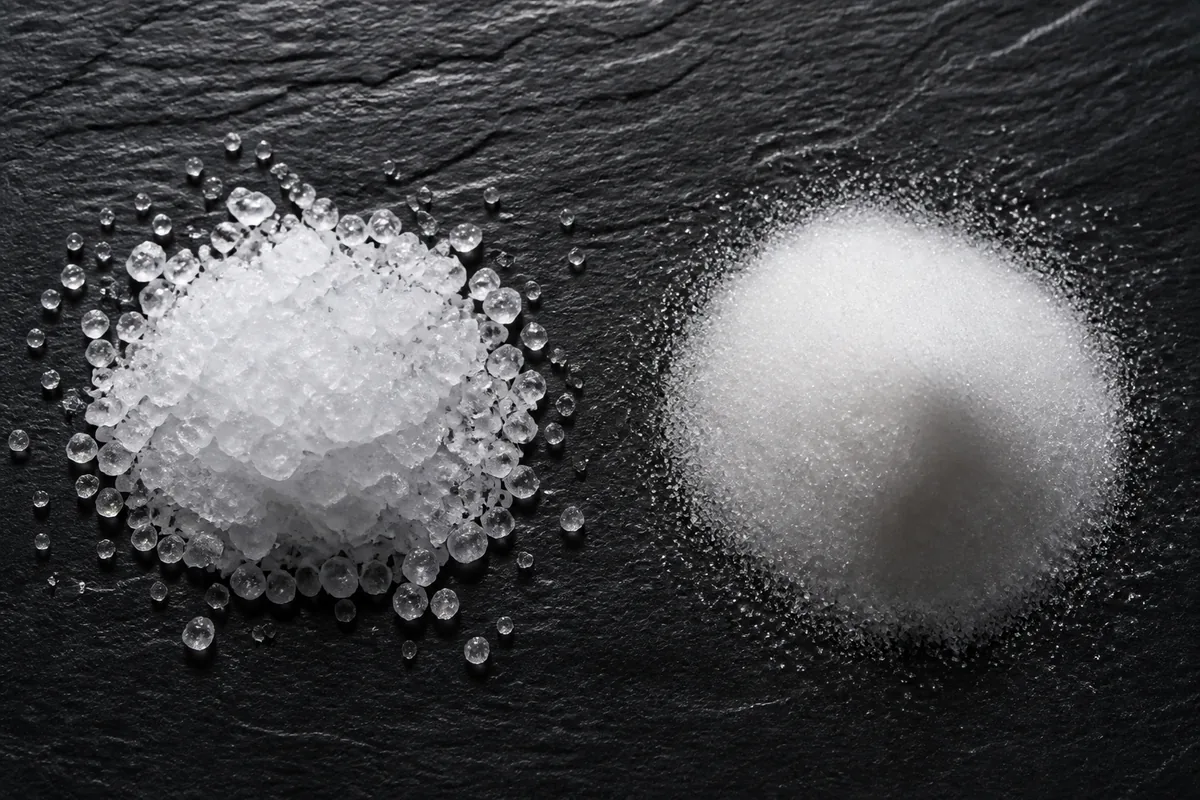 Coarse salt crystals and fine sugar in two small heaps on dark slate, side by side