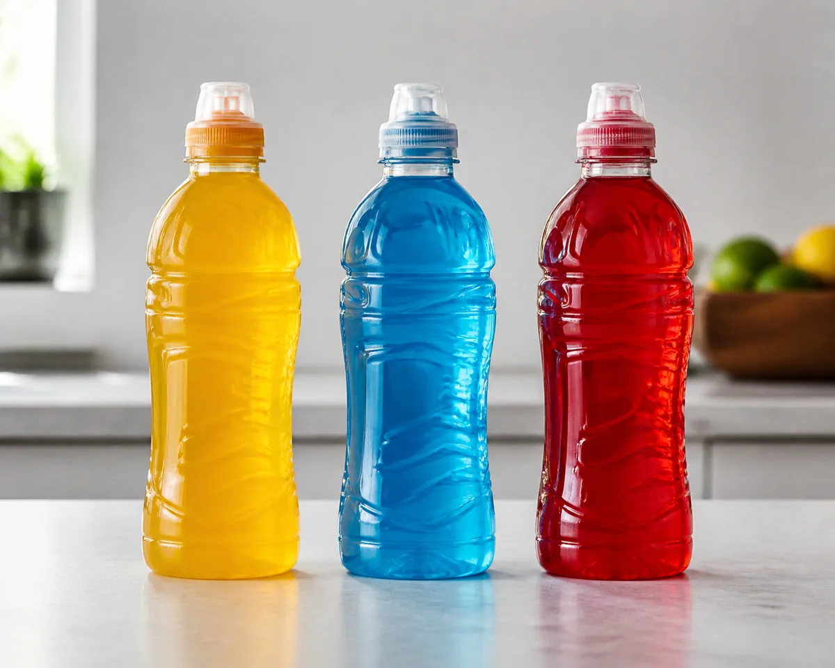 Three unlabelled bottles of differently coloured sports drinks standing in a row on a pale counter