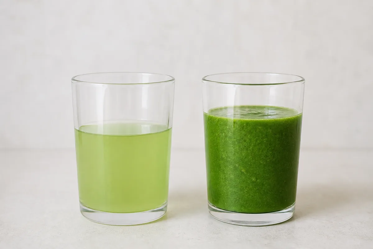 A glass of thin clear-ish green juice beside a thick opaque green smoothie, both in identical glasses