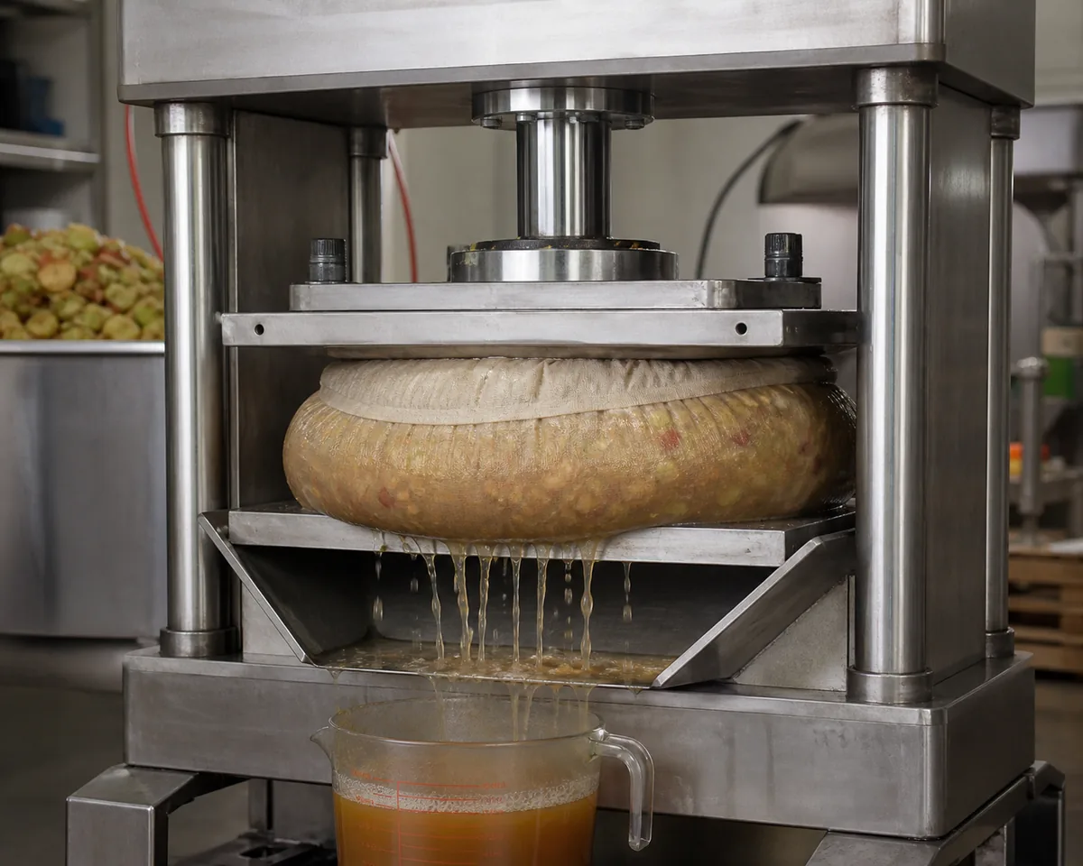 A hydraulic juice press plate squeezing a bag of pulp with juice running out into a jug below