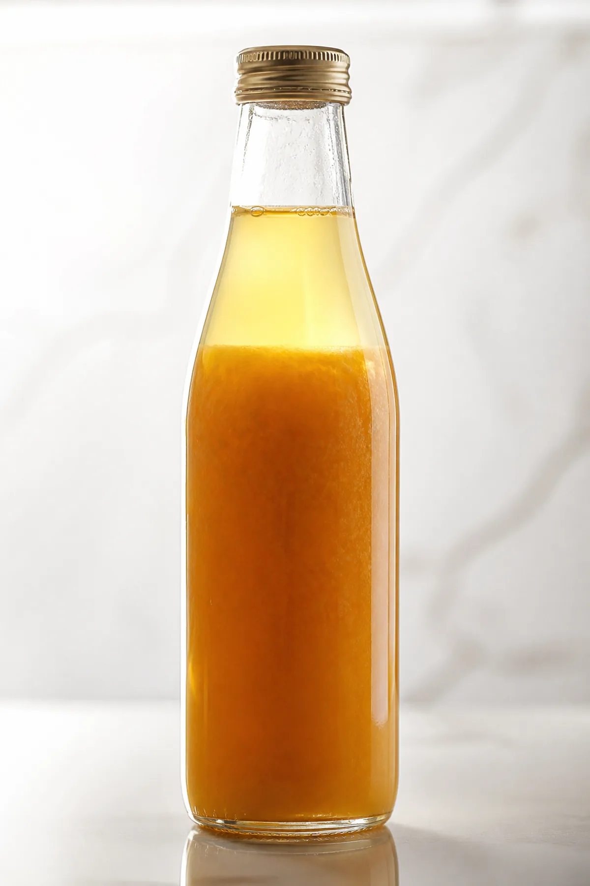 A tall glass bottle of unfiltered orange juice standing still, with a clear layer separating at the top and denser pulp below