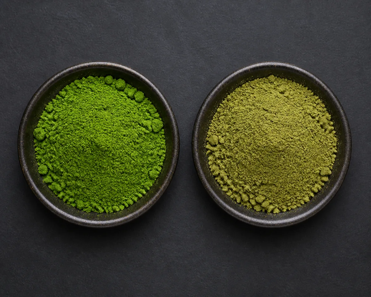 Two small dishes of matcha powder side by side, one vivid jade green and one duller yellow-green