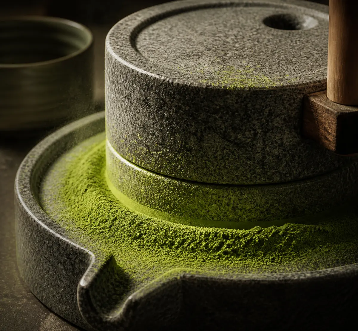 A granite stone mill with fine bright green matcha powder collecting around its rim