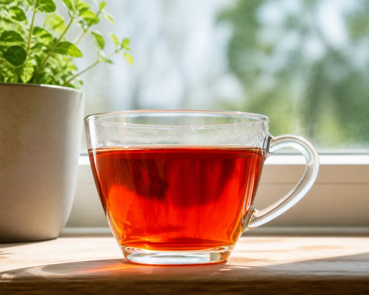 A glass cup of brewed red rooibos showing its deep amber-red colour against a bright window