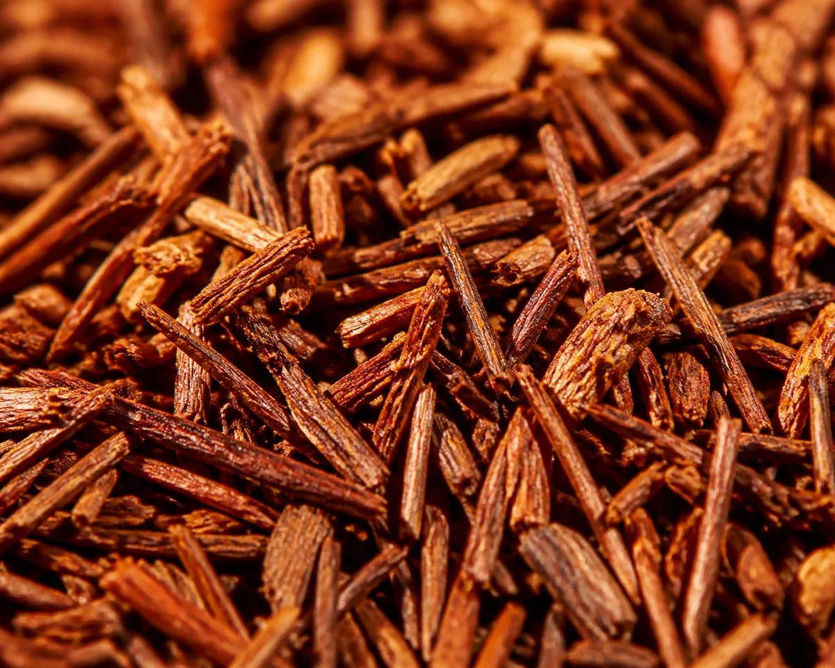 Extreme macro of dry rooibos showing its fine needle-like fragments filling the frame