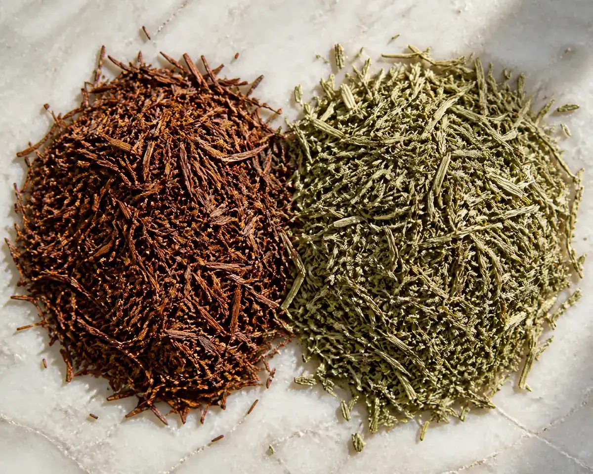 Two heaps of rooibos on a pale stone slab, one deep red-brown and one pale sage green