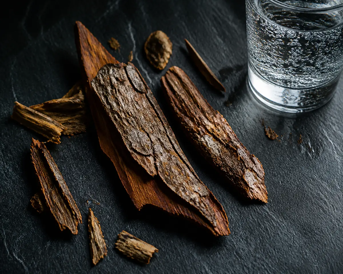 Pieces of dried cinchona bark on a dark slate surface beside a small glass of tonic water