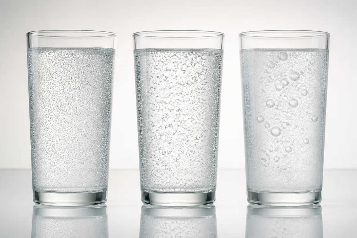 Three identical glasses of clear carbonated drinks side by side with different bubble sizes and clarity