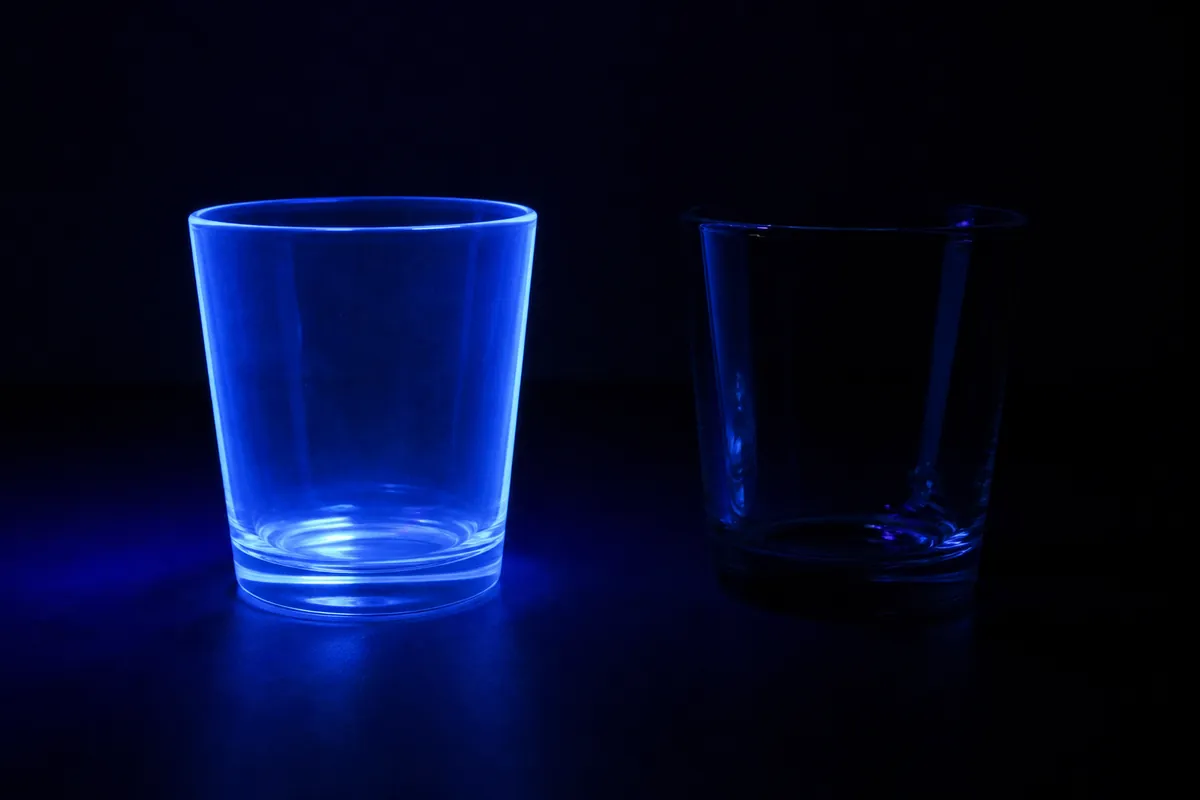 Two identical plain glasses in a dark room under ultraviolet light, the left one glowing pale blue and the right one staying dark