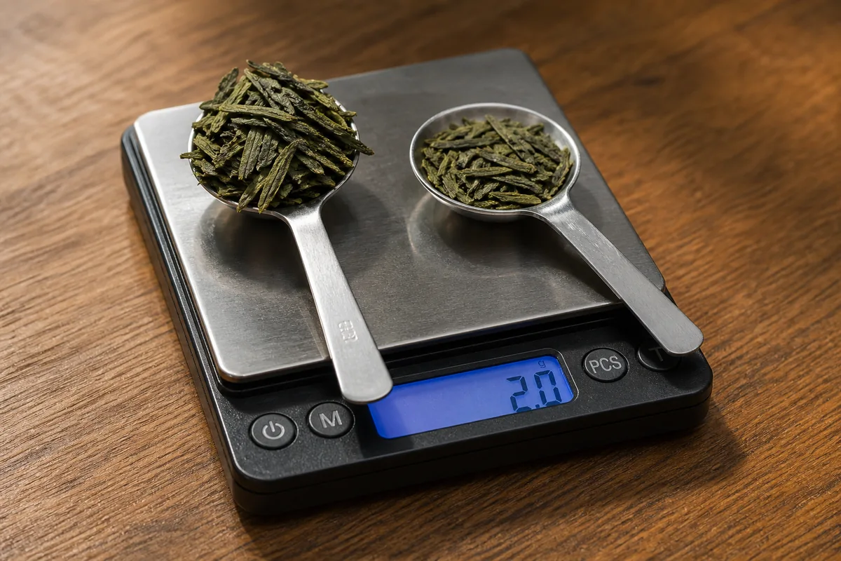A small digital scale holding a heaped spoon of dry green tea leaf next to a level spoon of the same leaf, showing the dose difference