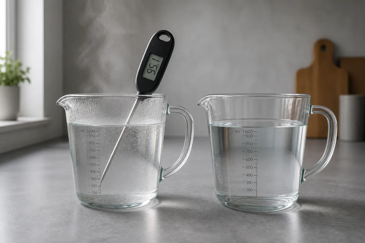 A digital thermometer probe resting in a glass jug of just-off-boil water beside a second jug of cooled water, steam visible on one and not the other