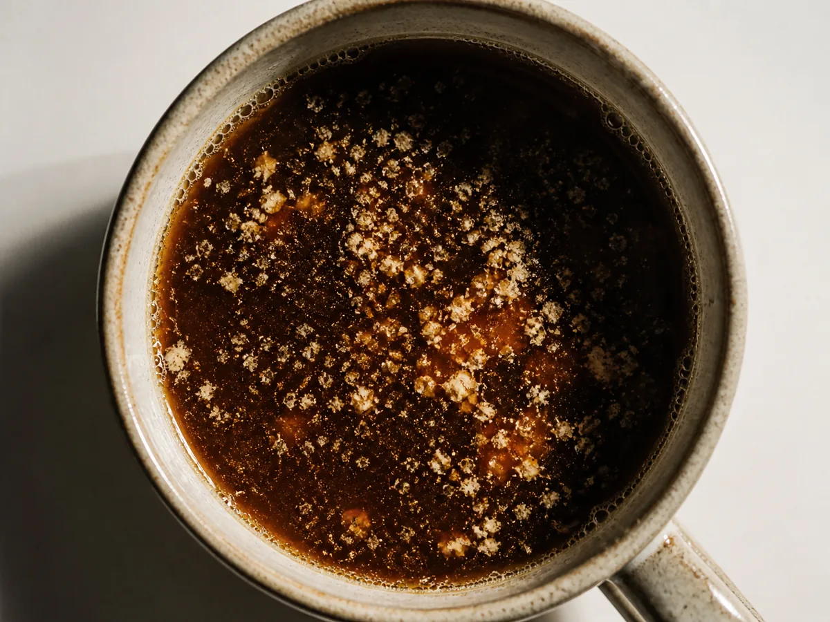 A cup of black coffee with plant milk just added and visibly curdling into small pale flecks across the surface