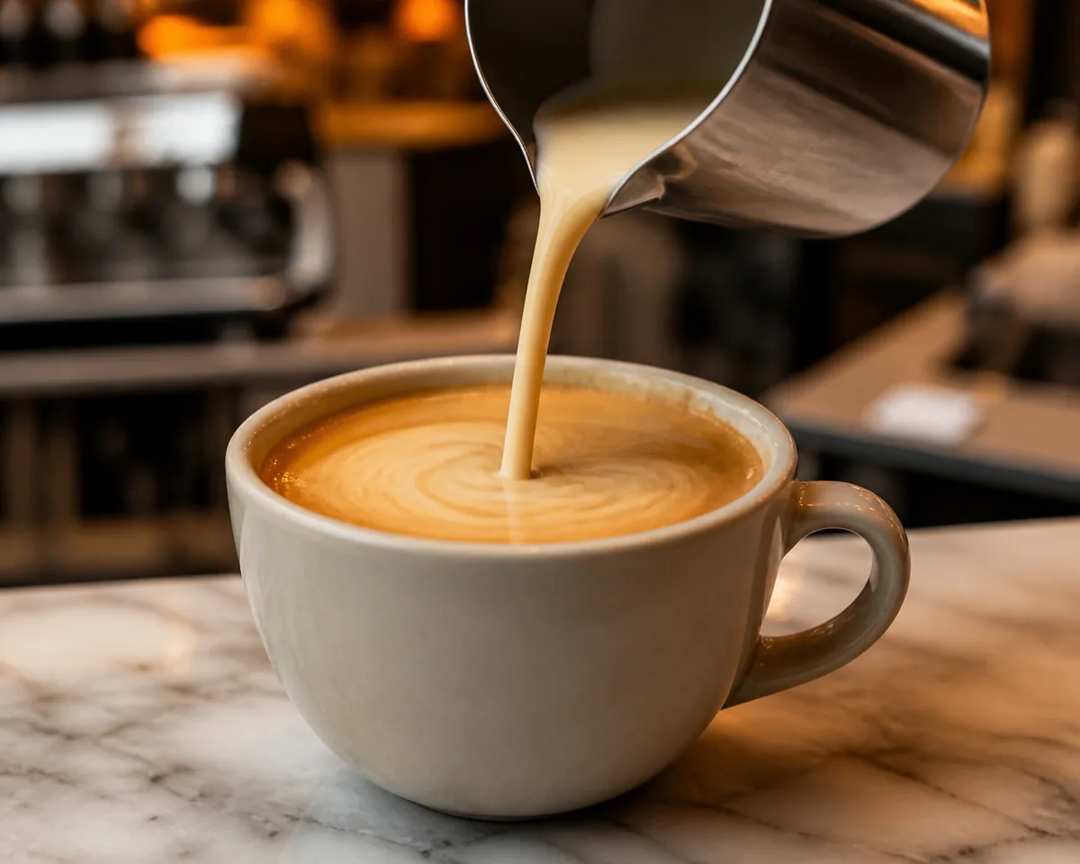 A smooth uncurdled pour of barista oat milk into espresso forming a clean surface