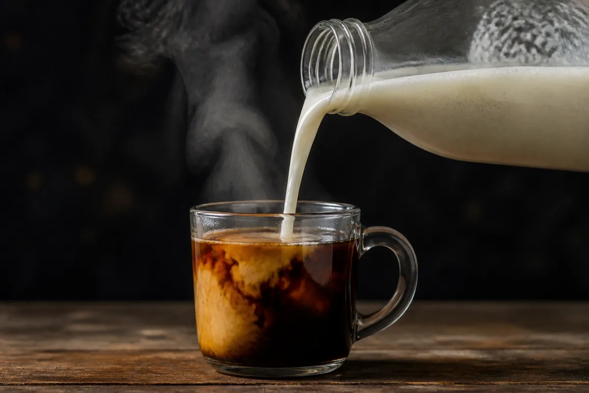 Cold plant milk being poured from a bottle straight into a very hot black coffee, the stream hitting the surface