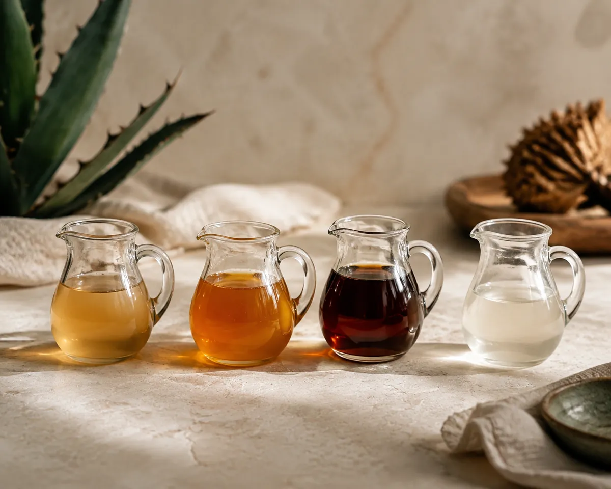 Four small glass jugs in a row holding pale amber agave syrup, thick golden honey, dark maple syrup and clear simple syrup