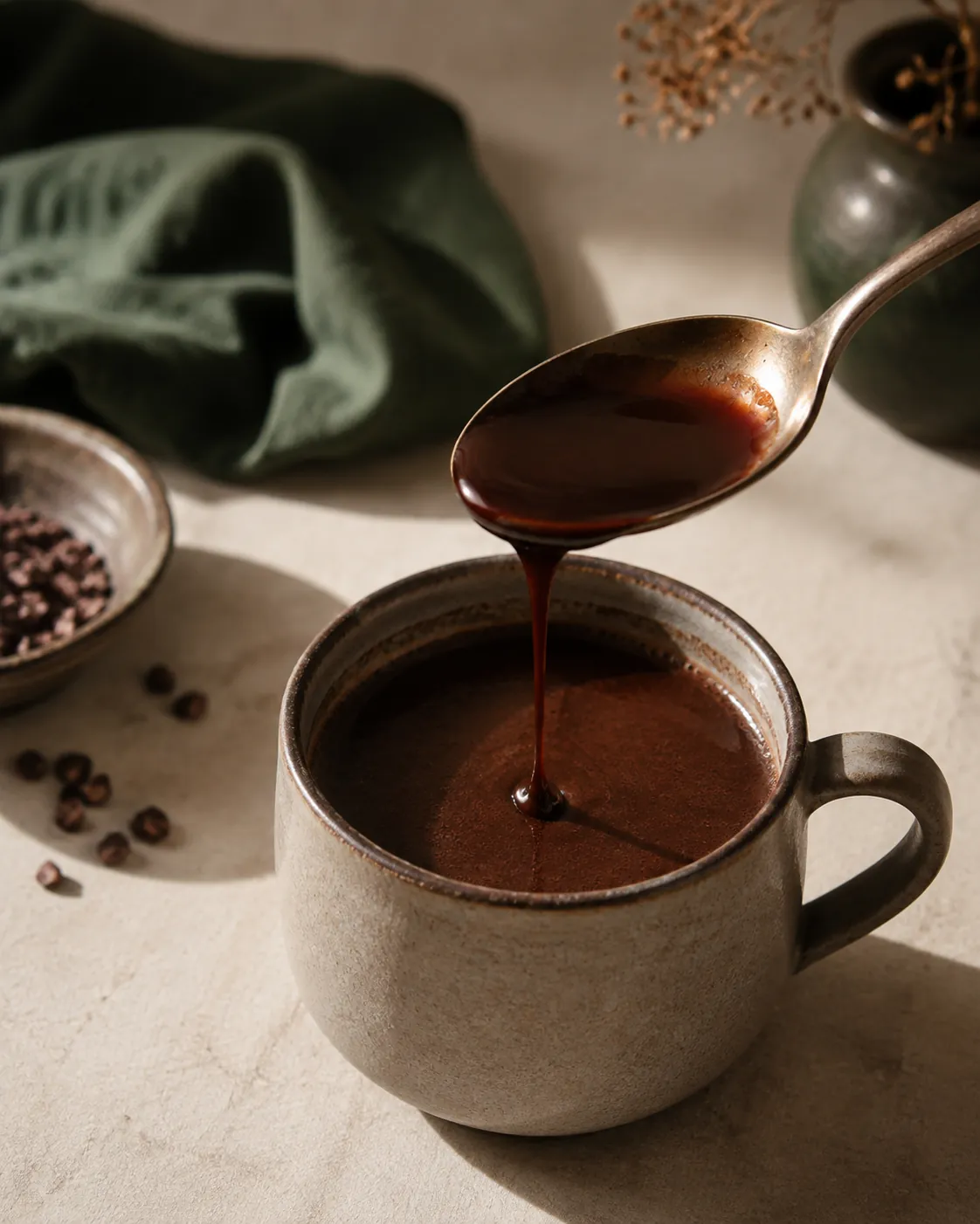 A spoonful of deep brown dark agave syrup lifted above a mug of cocoa, the syrup running slowly off the spoon