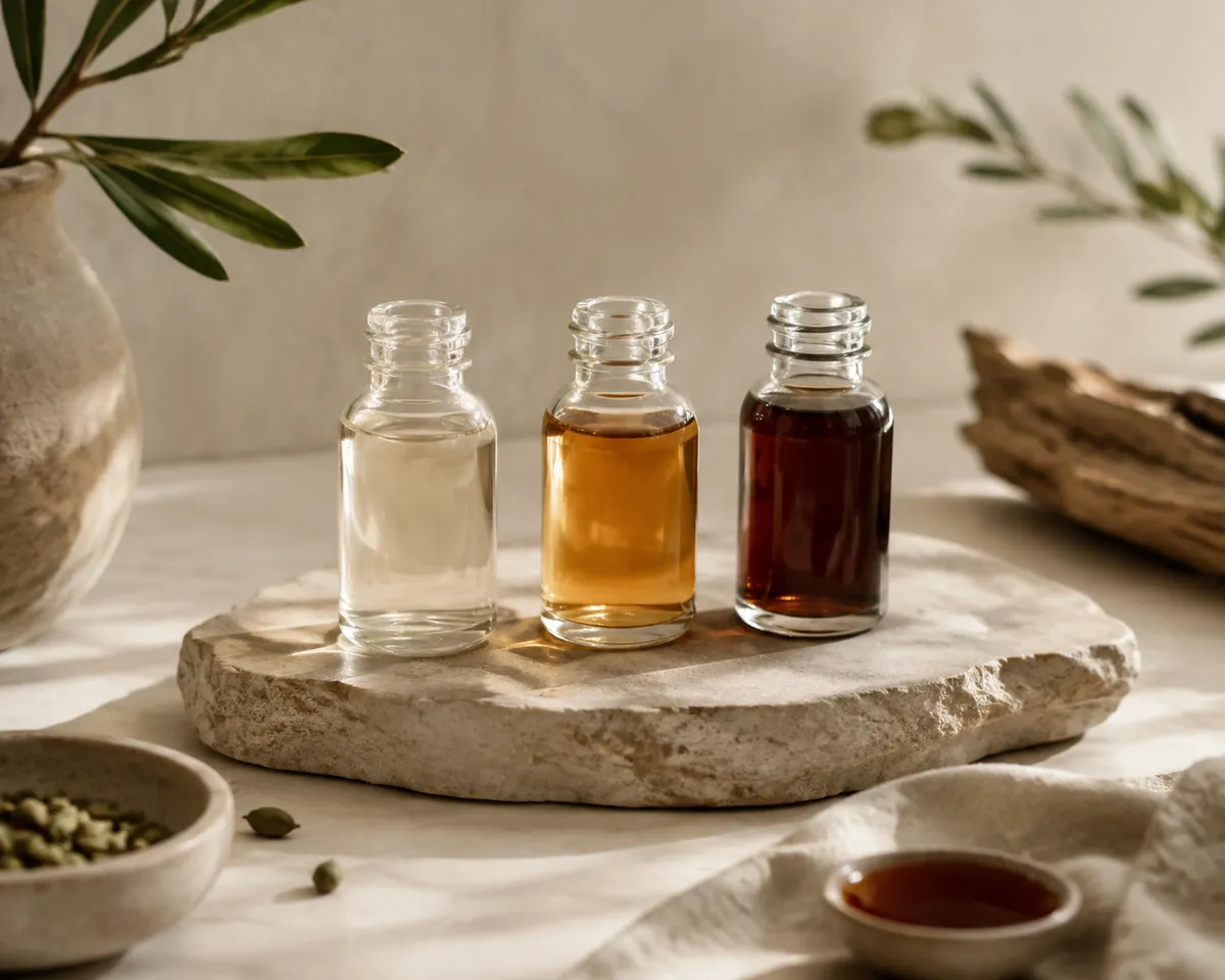 Three small glass bottles of syrup in a row on pale stone, ranging from almost colourless through gold to dark brown