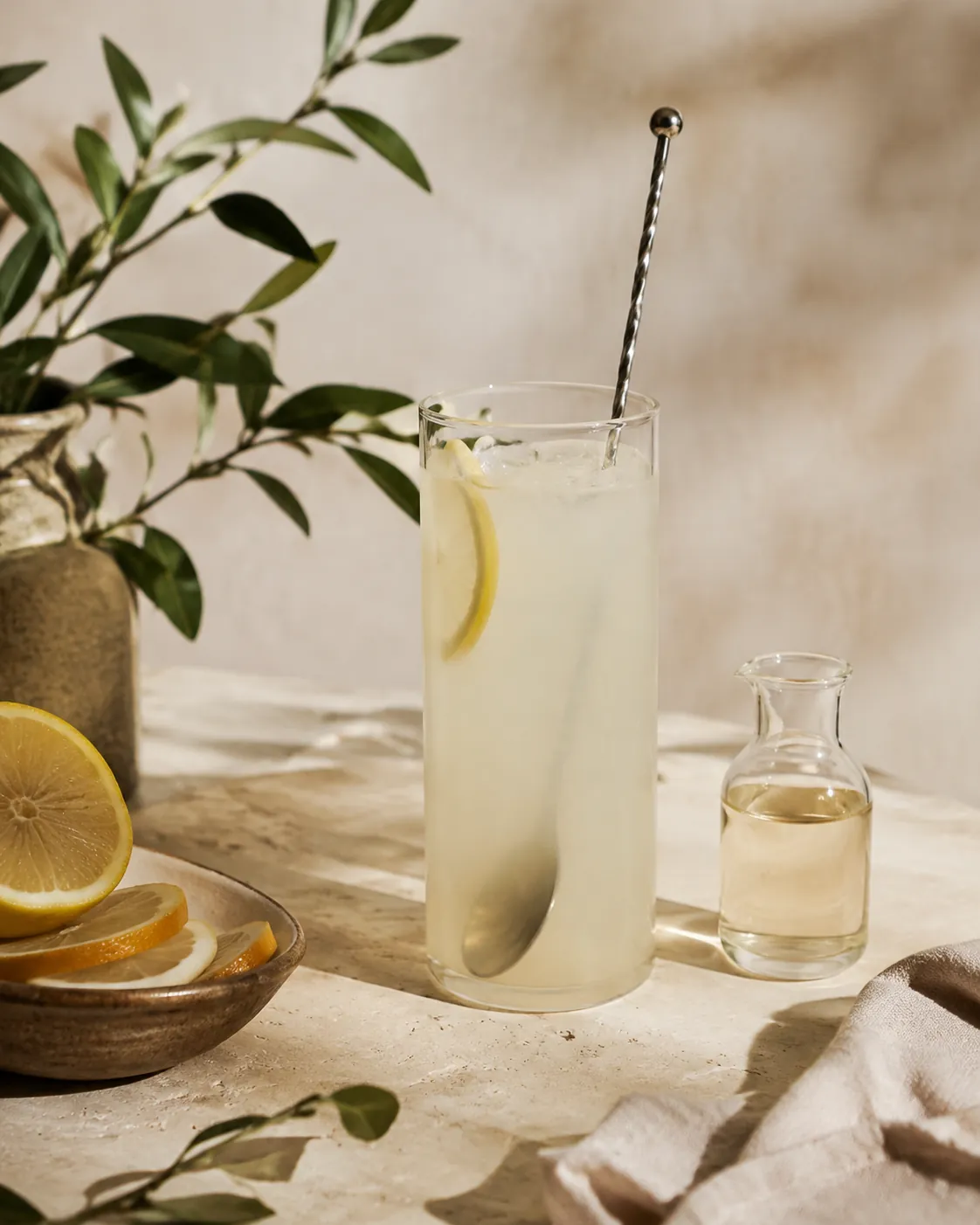 A tall glass of cloudy lemonade with a bar spoon resting in it and a small bottle of pale syrup beside the glass