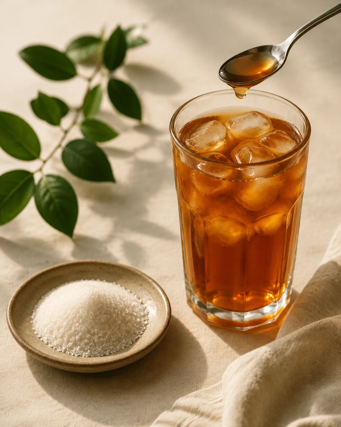 A teaspoon of pale syrup held over a glass of iced tea beside a small heap of granulated sugar on a saucer