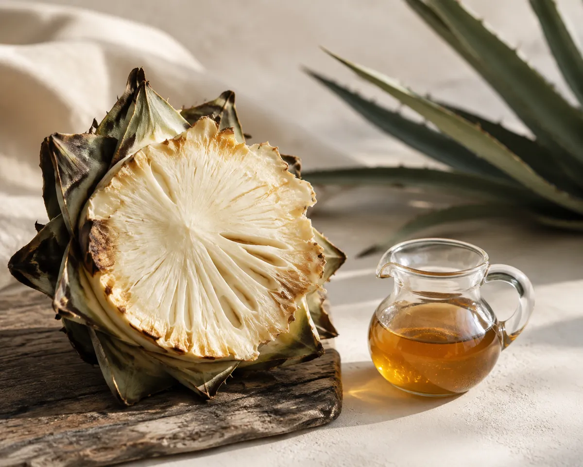 A cut agave core section on weathered wood beside a small glass jug of pale amber syrup