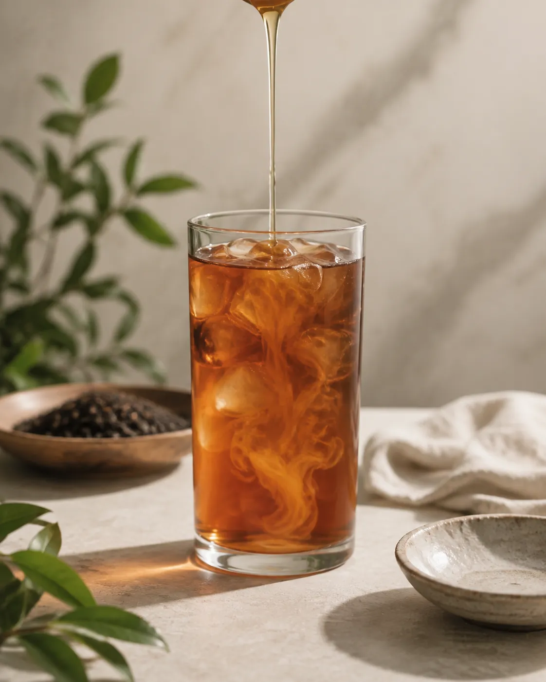 A thin stream of pale amber syrup being poured into a tall glass of iced tea, dissolving without settling