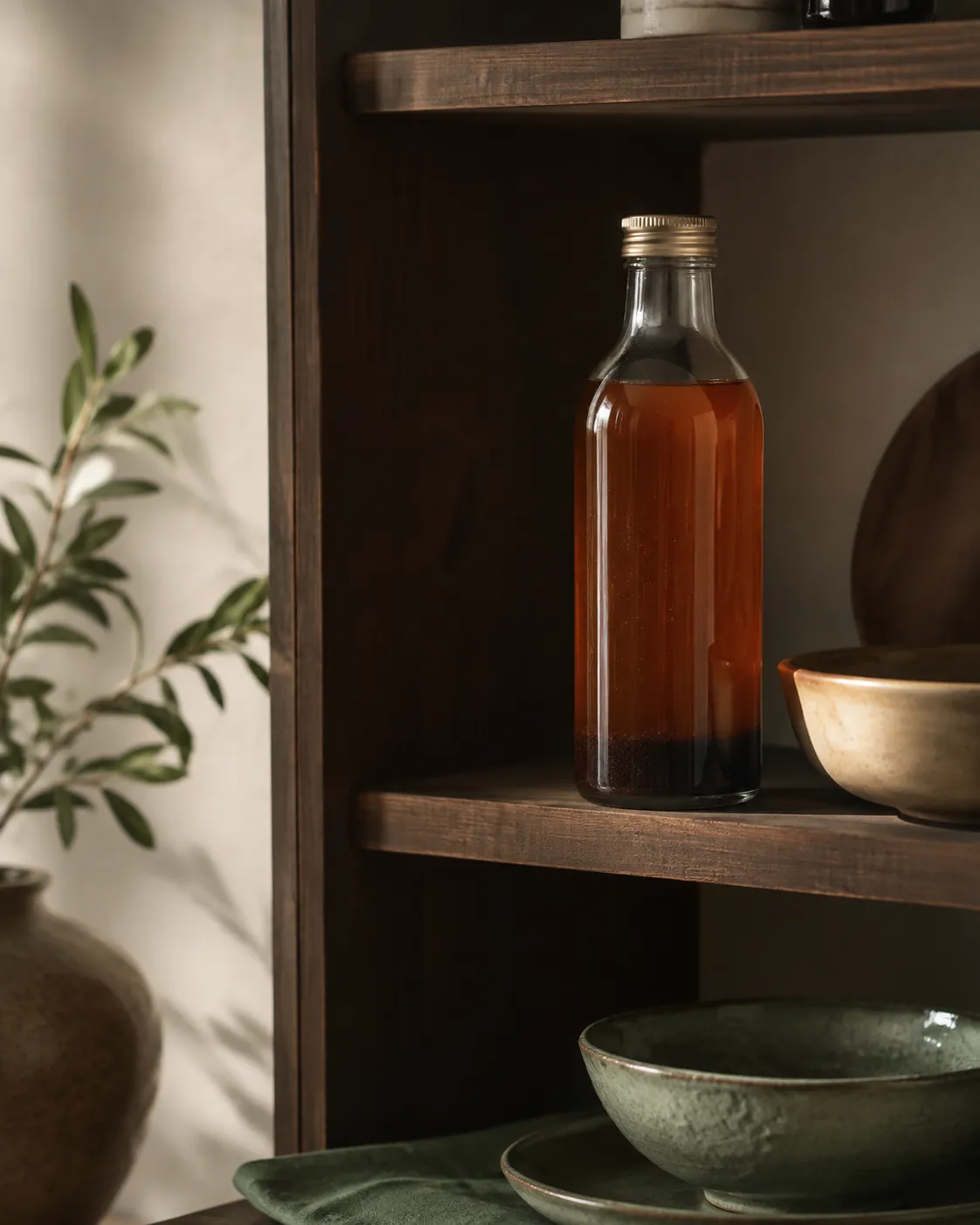 A capped glass syrup bottle on a dark cupboard shelf, a faint darker layer settled at the bottom